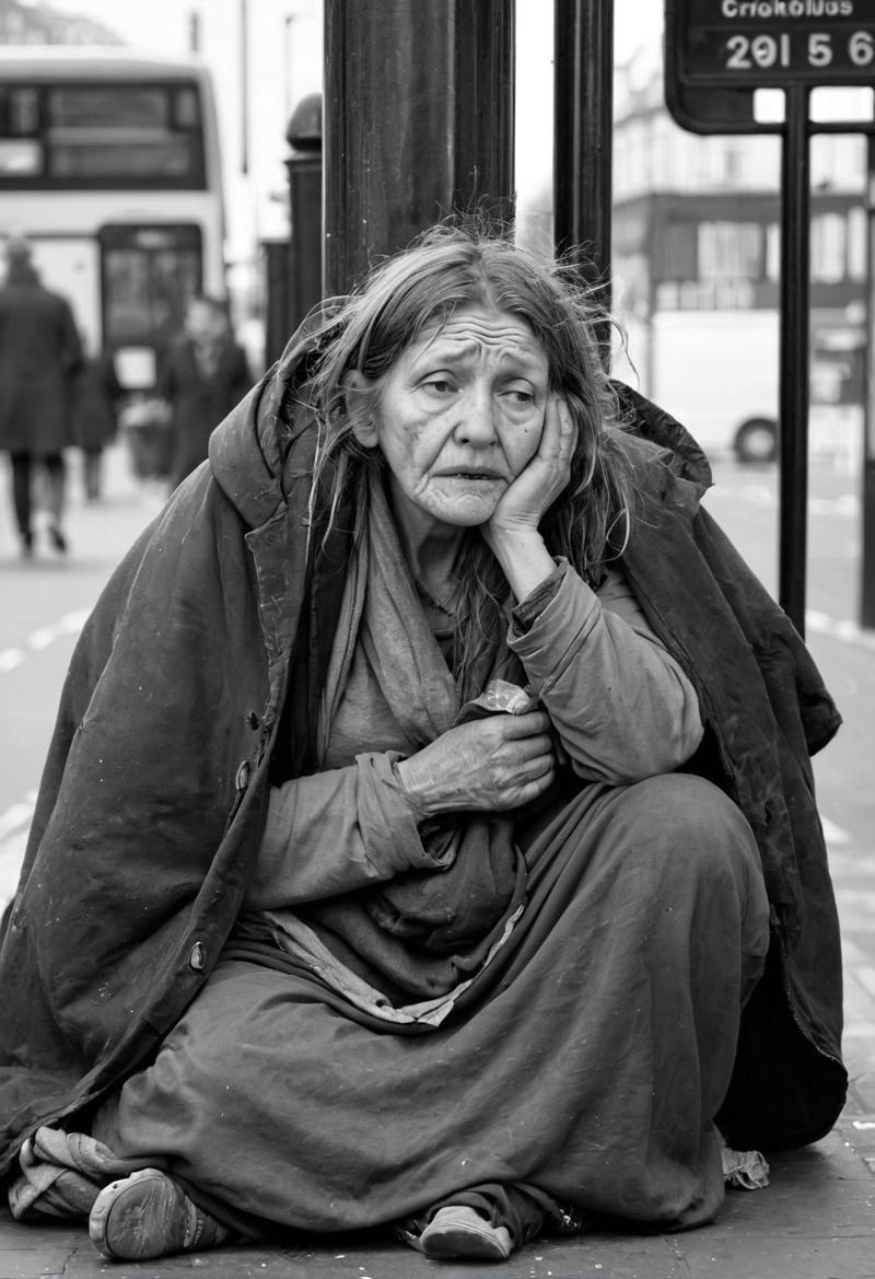 19959-3762223390-1 woman, homeless, beggard, detailed face, sit , bus stop , body shot, crazyness, london street.jpeg